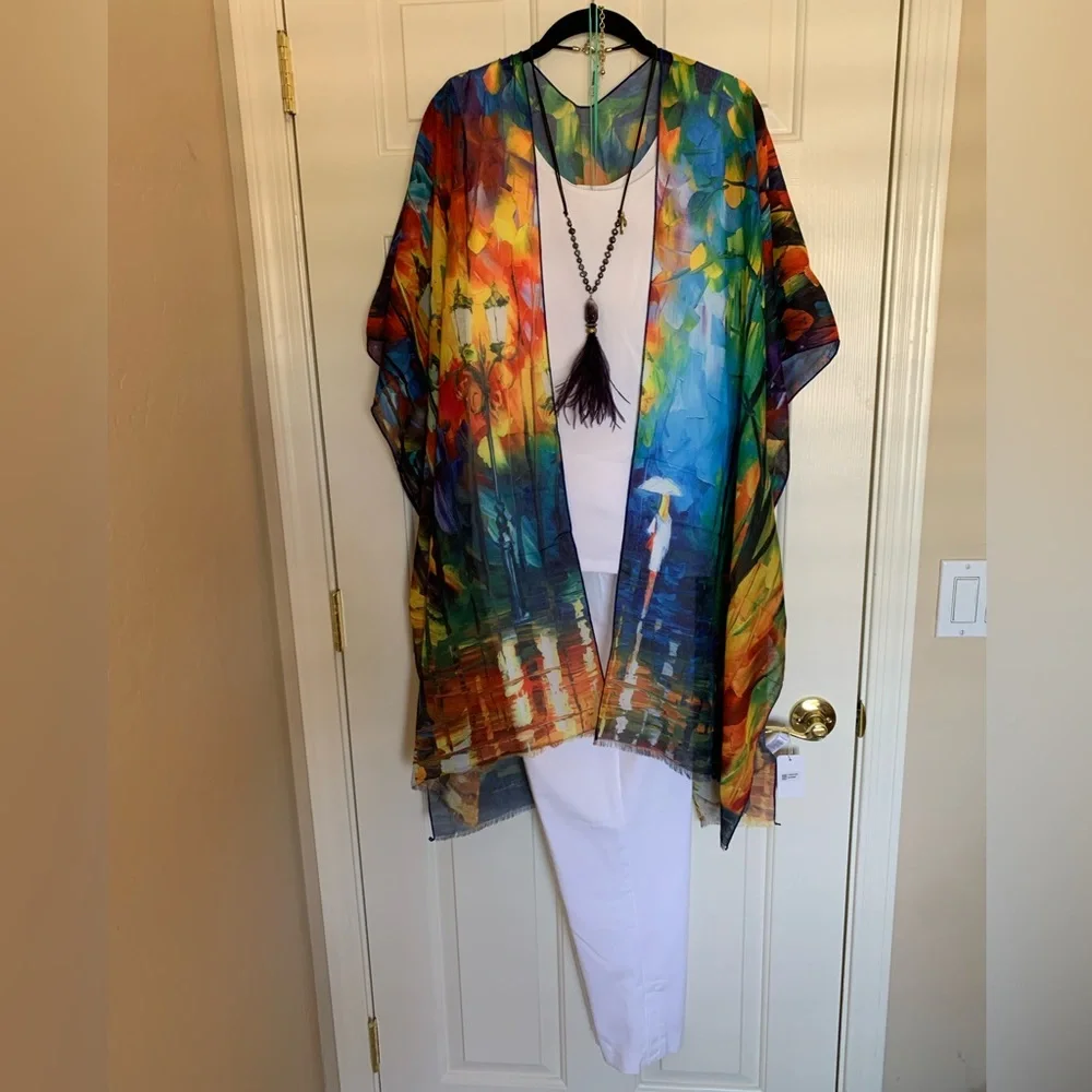 NWT Museum Art Ruana Rhuana Kimono Cover-Up OS “Walking in the Rain” - Picture 3 of 10